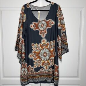Uncle Frank Dress Womens Large Navy Boho Bell Sleeve Medallion Print Tunic